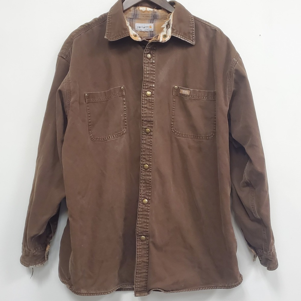 Vintage Carhartt Mens‎ Flannel Lined Thrashed Button Shirt Jacket Size 2XL Brown